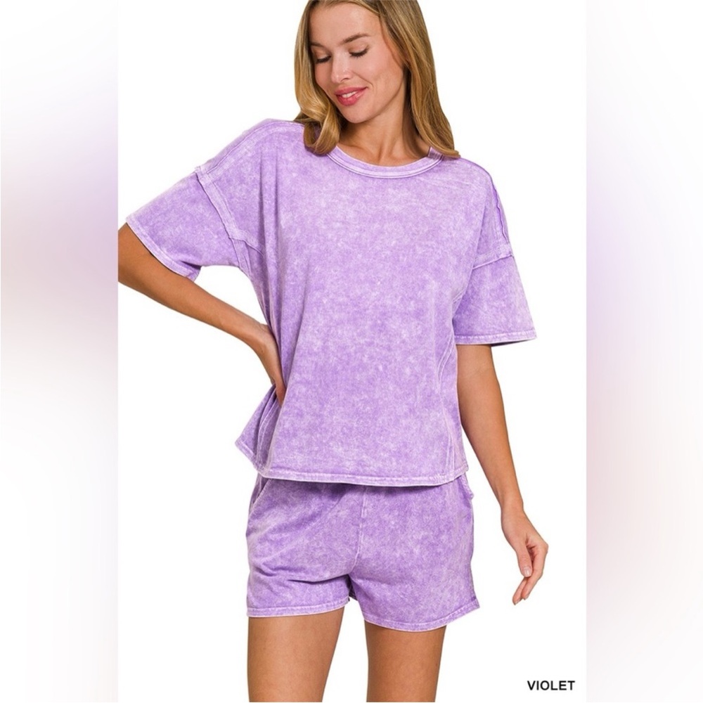 Zenana Outfitters Violet Washed Lounge Tee and Shorts Set - Picture 2 of 3